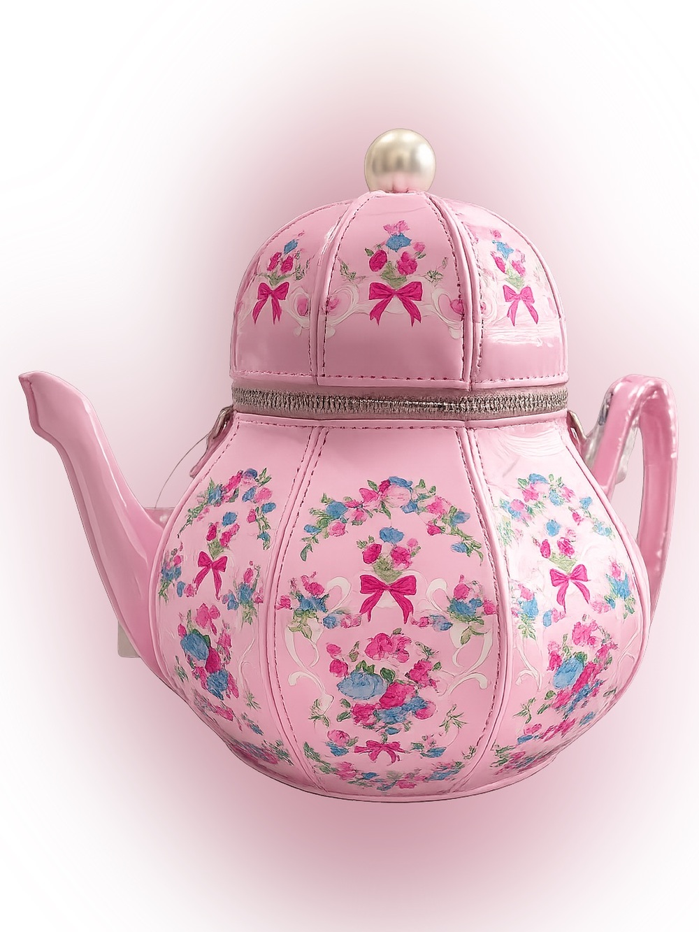 Pink Teapot Crossbody Purse | Cottagecore Floral Novelty Crossbody - Picture 2 of 4